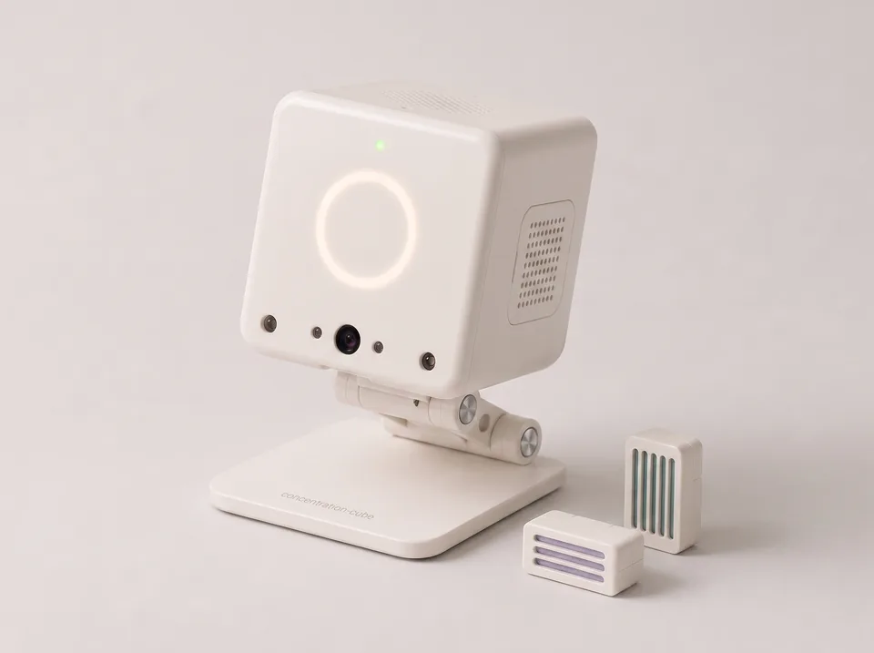 집중력-큐브 전면 — 라이트 링이 켜진 크림색 큐브, 하단에 카메라와 적외선 LED, 이중 힌지 스탠드
