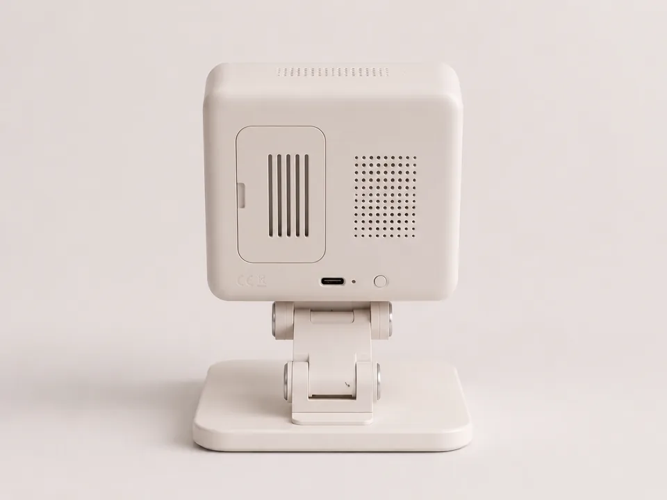 집중력-큐브 후면 — 스피커 그릴, 통풍구, USB-C 단자와 버튼 하나