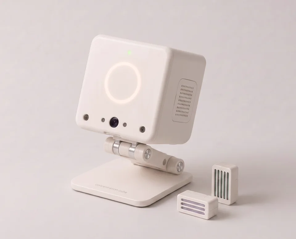 크림색 큐브형 집중력-큐브 기기 — 전면에 카메라와 적외선 LED, 집중 루틴용 라이트 링, 옆에 교체형 아로마 카트리지